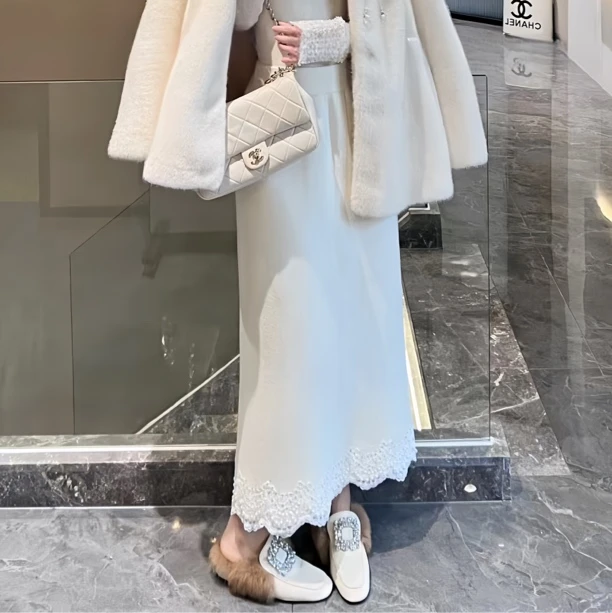 秋冬蕾丝拼接针织半身裙女长款开叉包臀小个子裙