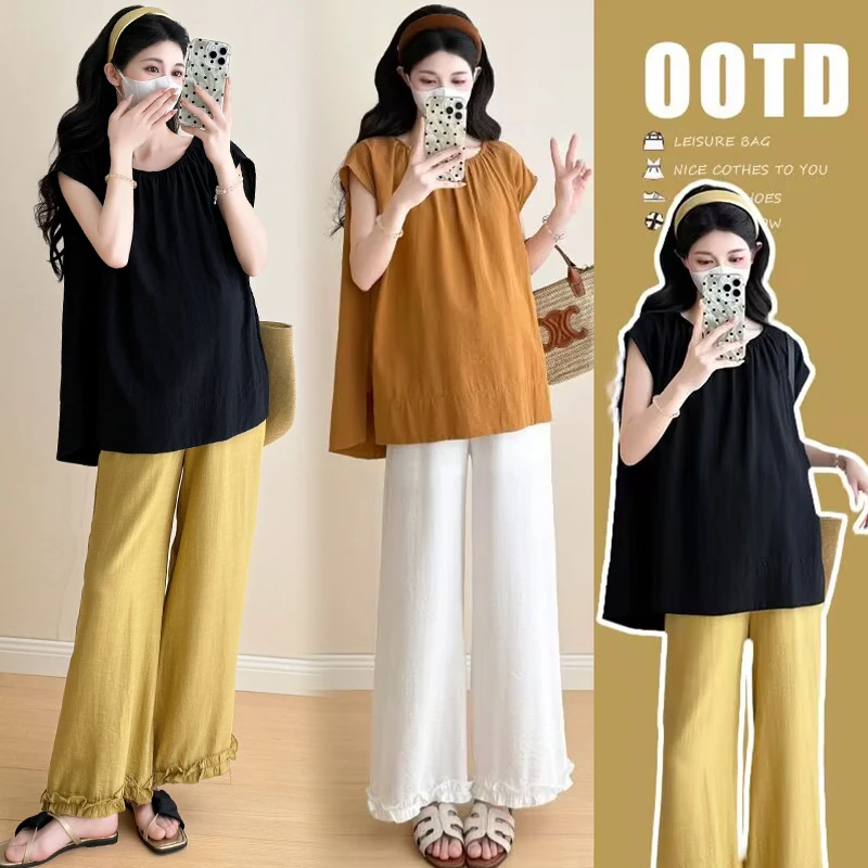 孕妇棉麻上衣2025夏季新款短袖衬衫抽绳阔腿裤时尚孕期穿搭两件套