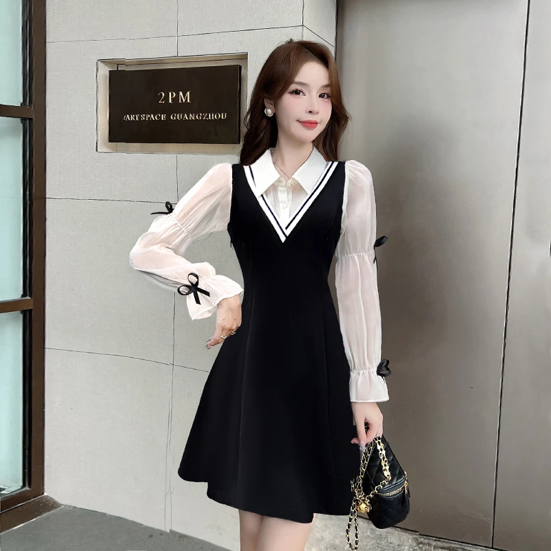 法式气质减龄衬衫假两件A字显瘦初春连衣裙小个子6665