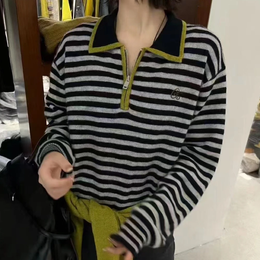 老钱风翻领秋季羊毛混纺套头针织衫女宽松条纹休闲毛衣百搭外套