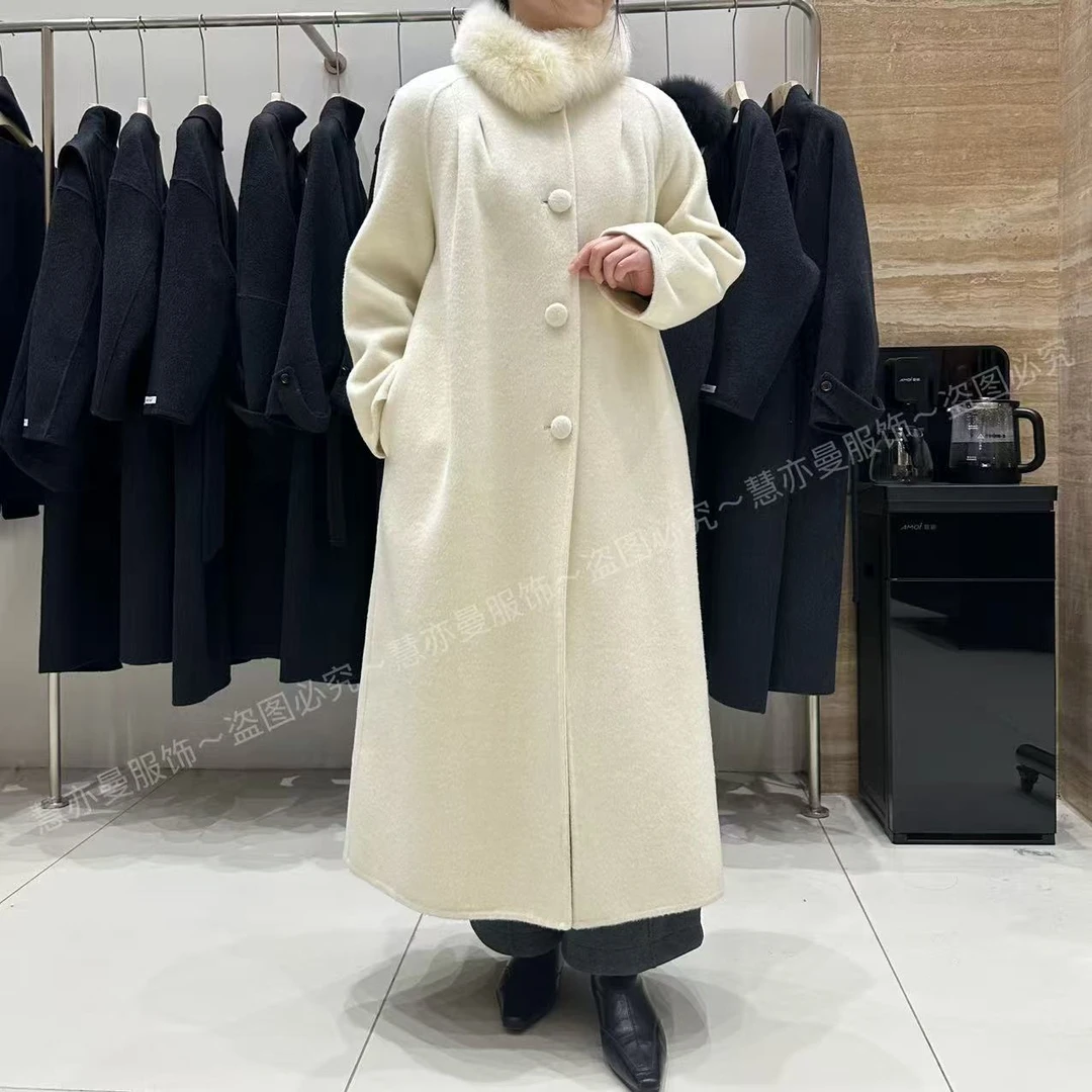 （上新）新款开叉款大包扣狐狸毛围脖羊毛大衣2025韩版气质毛呢外套