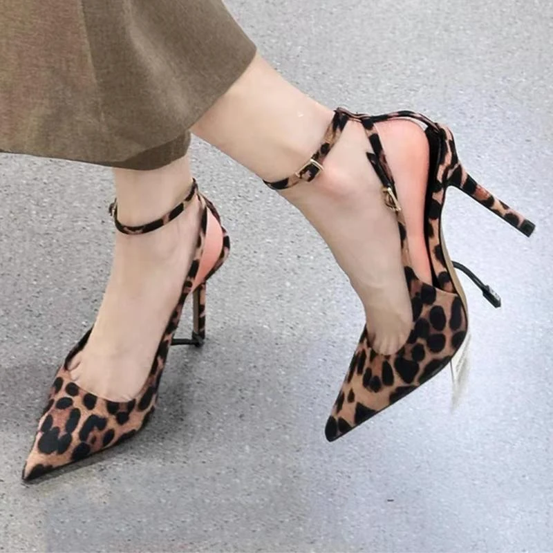 前包后空一字带豹纹浅口尖头高跟鞋细跟不累脚性感秋冬开春凉鞋女