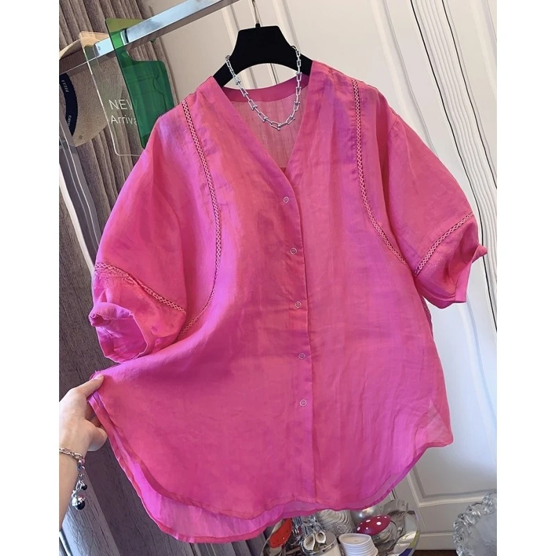 00605时尚高级感蕾丝V领麻料短袖衬衫娃娃衫薄款独特漂亮上衣女夏