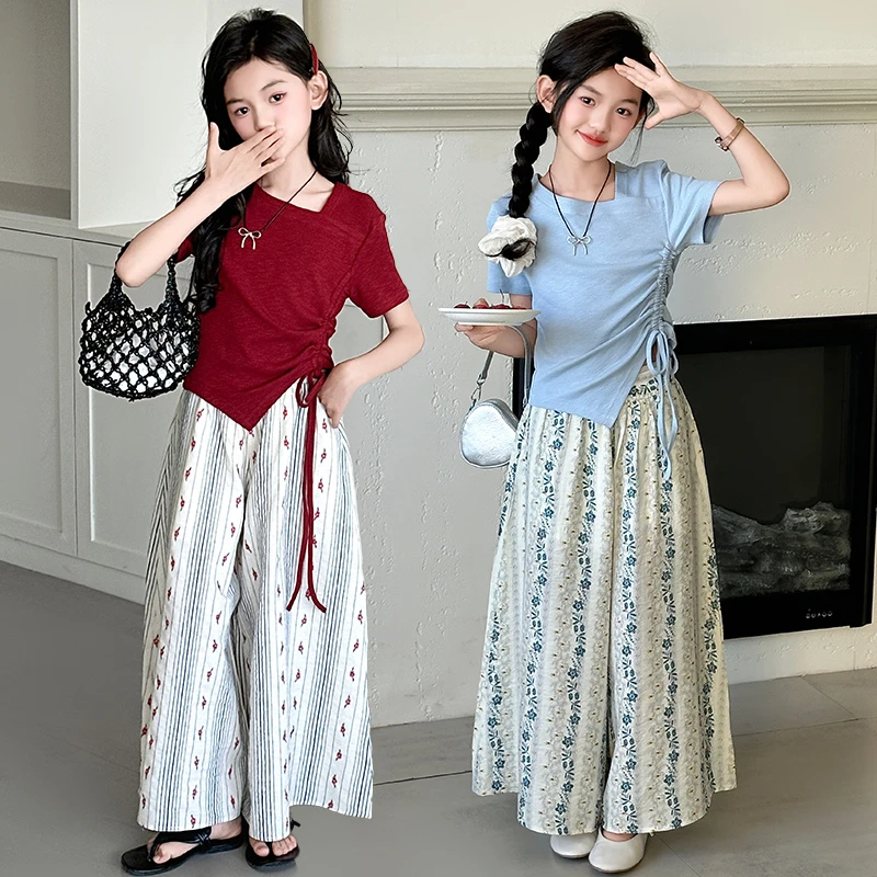 女童夏装短袖套装中大童洋气休闲气质夏季轻薄碎花阔腿裤两件套