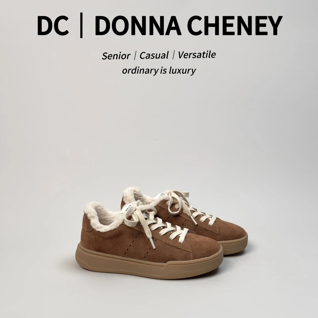 DONNA CHENEY韩版加绒板鞋2024冬季真皮保暖百搭鞋带休闲鞋