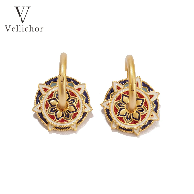 铜合金耳饰 敦煌系列 藻井天光纹珐琅耳环釉彩点翠兰耳钉精致耳环