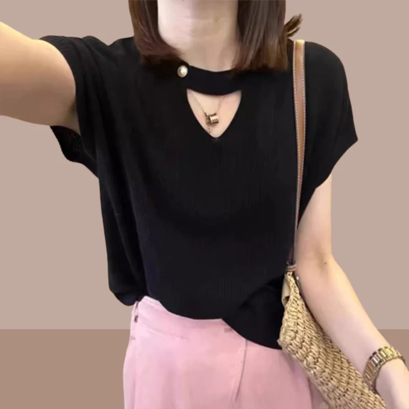 气质名媛风甜美针织短袖T恤女2025夏季新款宽松镂空氛围感上衣女