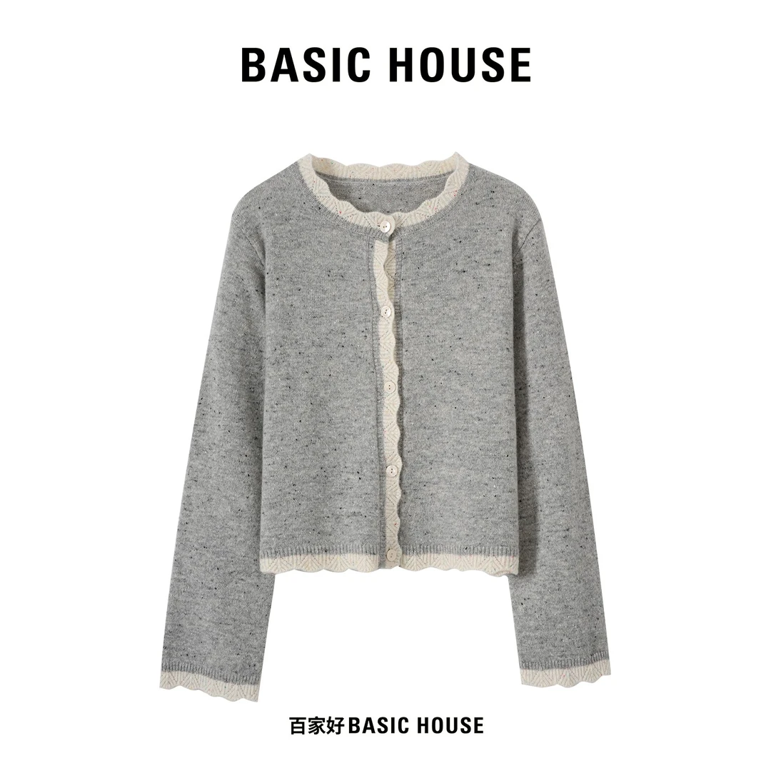 Basic House/百家好2024年秋季新款百搭时尚设计感单排扣针织衫MM