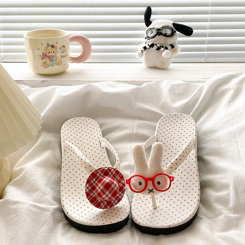 可爱卡通眼镜兔兔波点卡通人字拖女款2025新款夏季厚底沙滩凉拖鞋