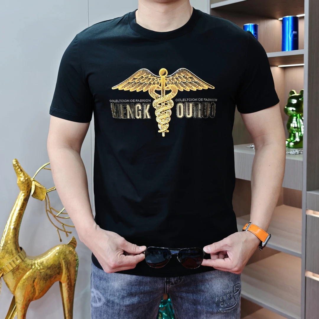 2025夏季翅膀缠绕休闲短袖修身潮流美式双丝光T恤时尚男装短袖