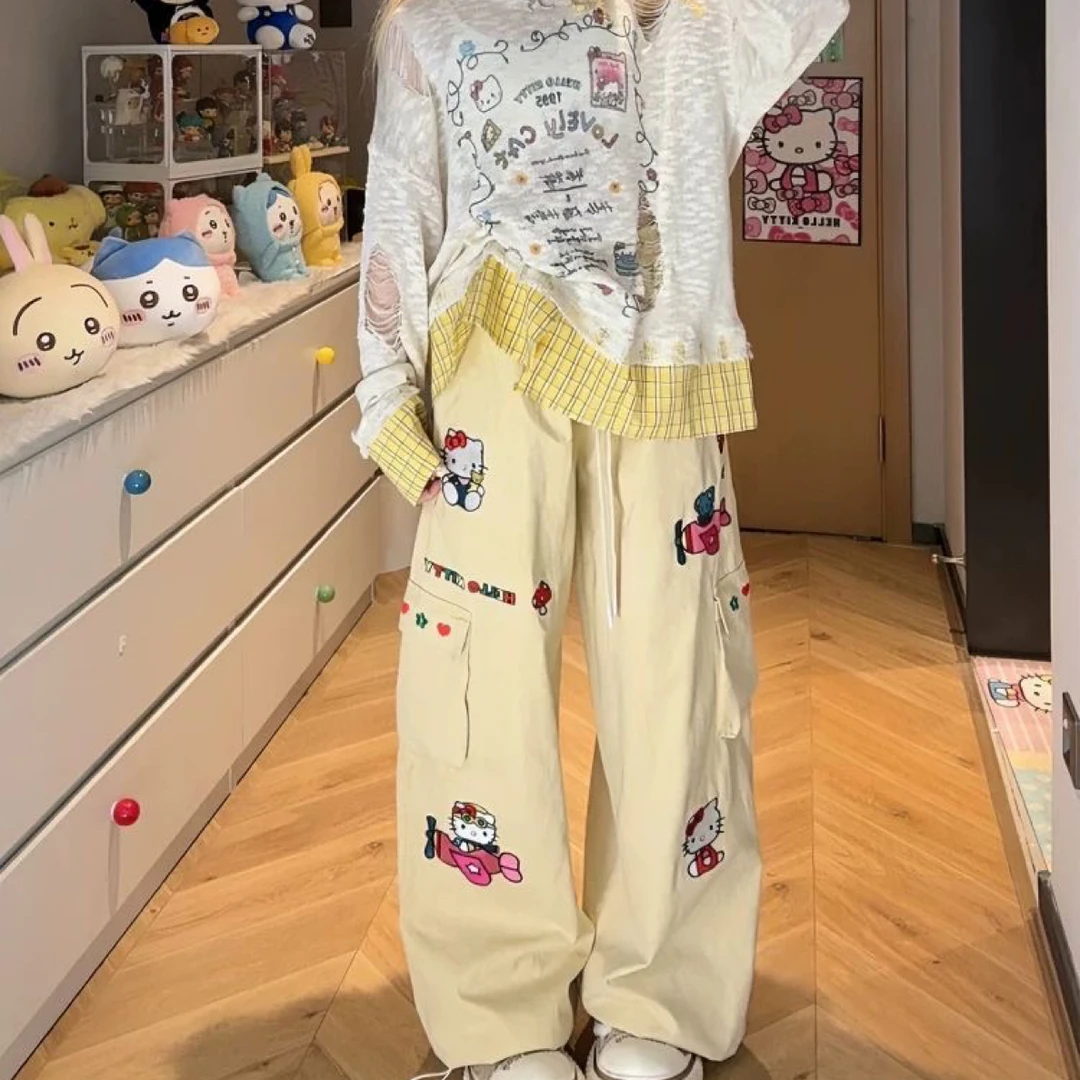 大码胖MM秋季新款裤可爱卡通刺绣高腰宽松阔腿直筒女裤百搭长裤