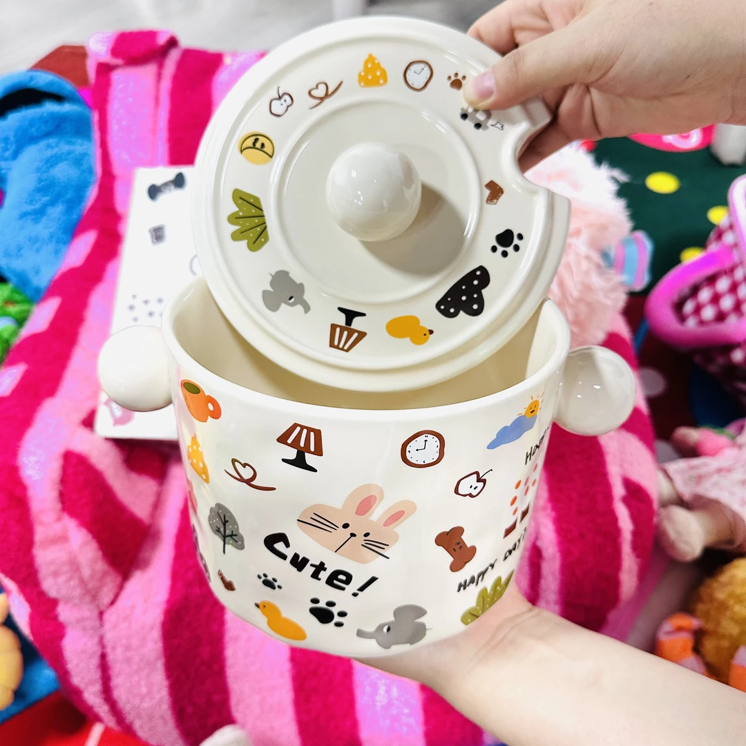 【星漫】外贸高货月亮狗双耳家用耐高温储物陶瓷罐带盖大容量6.5寸