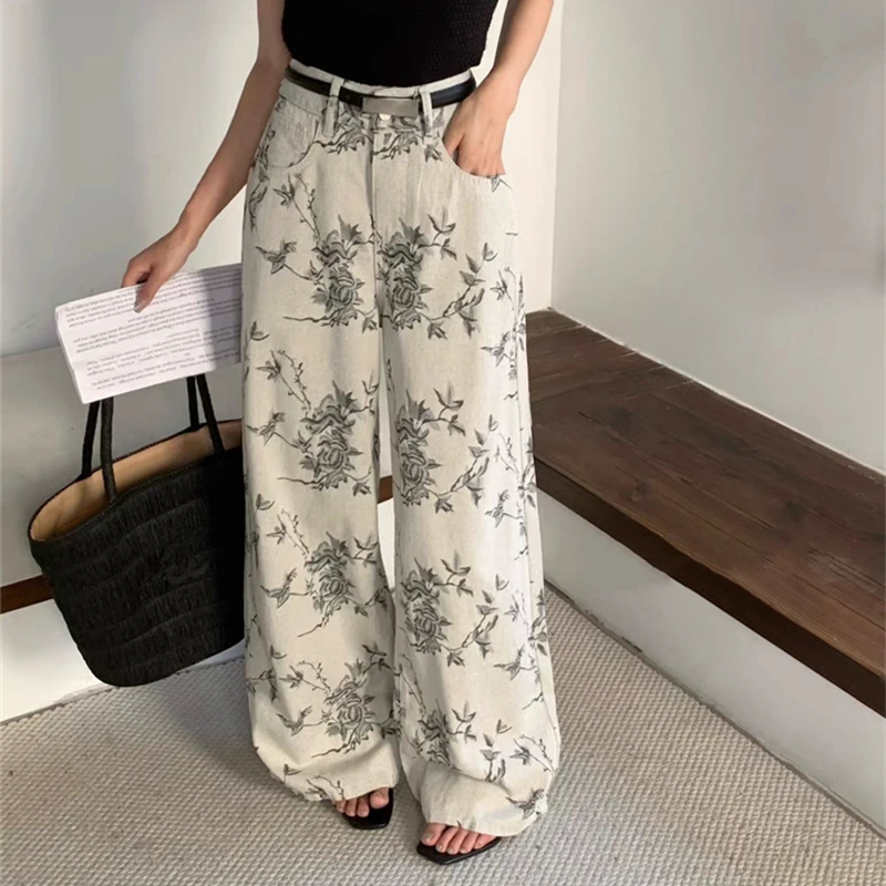 欧货白色高腰提花阔腿牛仔裤女夏季休闲宽松显瘦垂感直筒拖地长裤