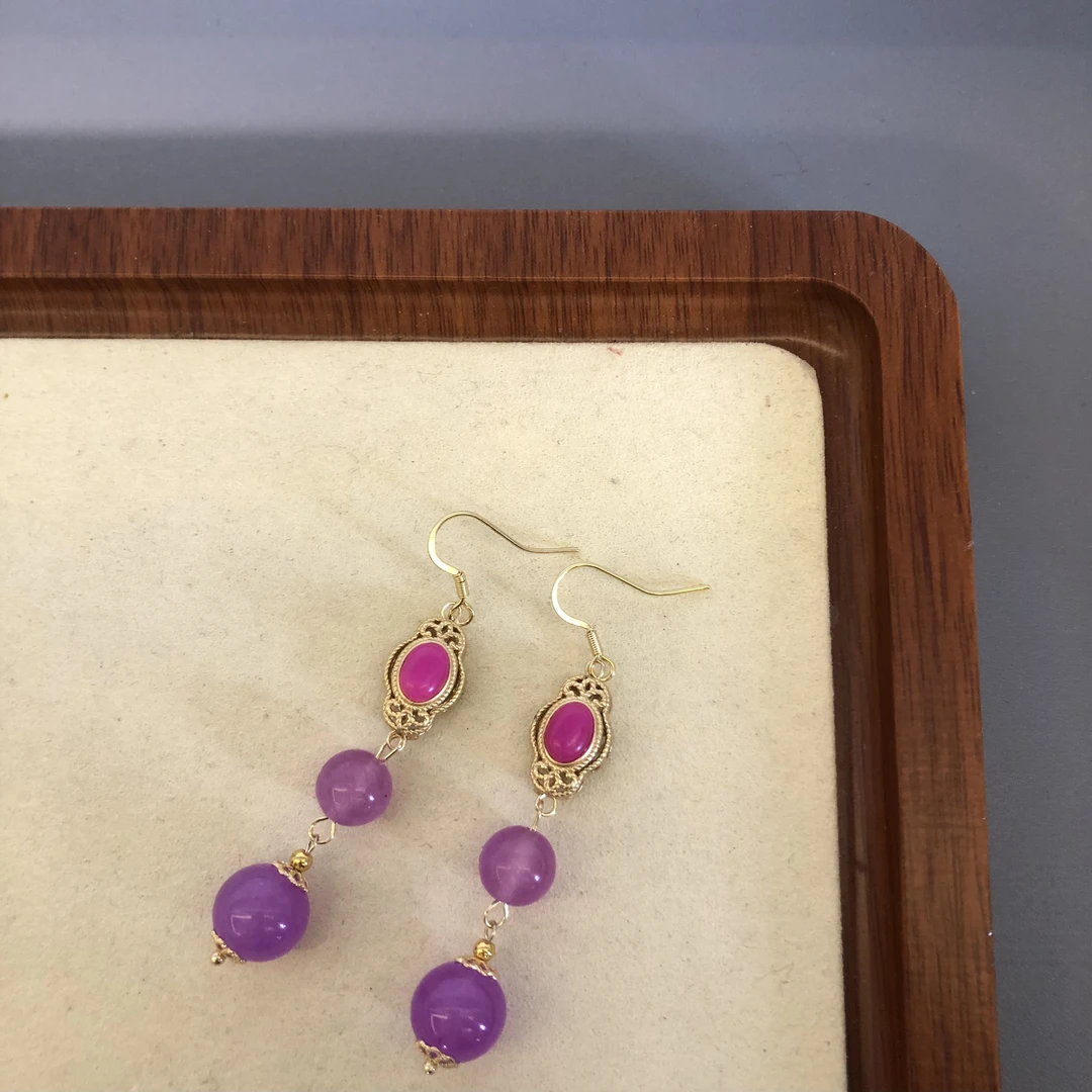 铜合金珐琅耳饰 紫色流苏耳坠女款复古民族风防过敏耳钩新耳环058