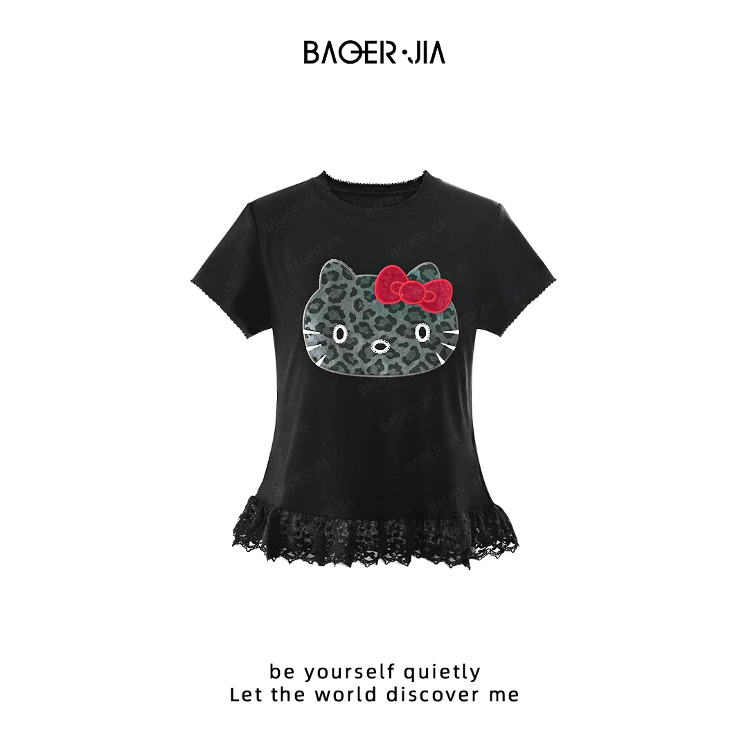 19-【豹纹红KT】宝儿家含幂BL110125206NS夏休闲高级卡通猫花边上衣