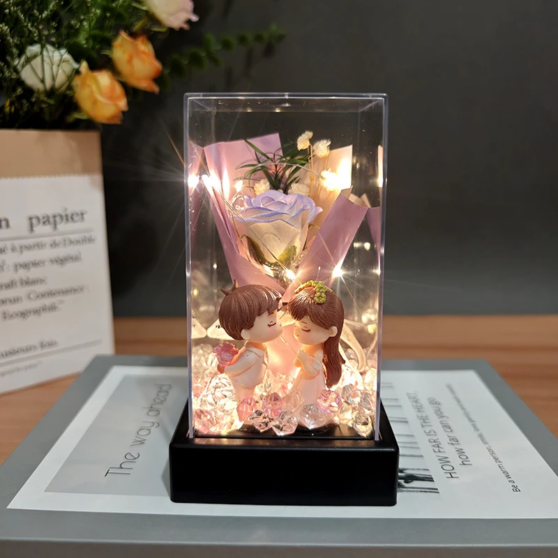 520情人节送女友老婆创意永生花情侣花灯小熊花灯桌面床头摆件