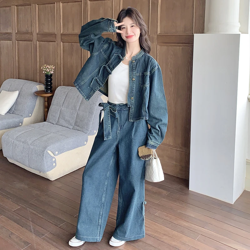 复古新中式牛仔套装女2025秋新款高级感时髦盘扣外套阔腿裤两件套