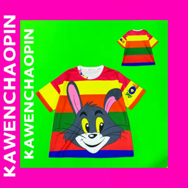 欧货潮牌定制款云朵空气层多巴胺条纹猫咪半袖上衣