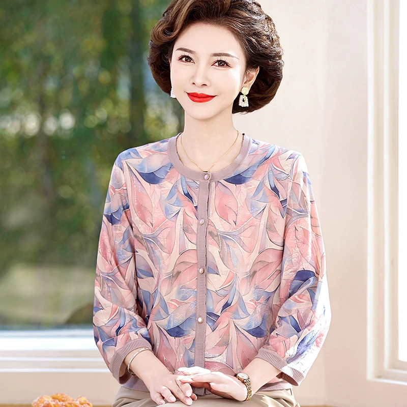 妈妈夏季薄圆领碎花开衫百搭中袖气质防晒上衣中年女7分袖T恤小衫