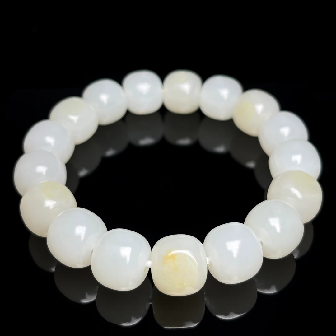 【和 田 玉 籽 料】卡13*12老型手串 同料17颗部分留原毛孔 0777