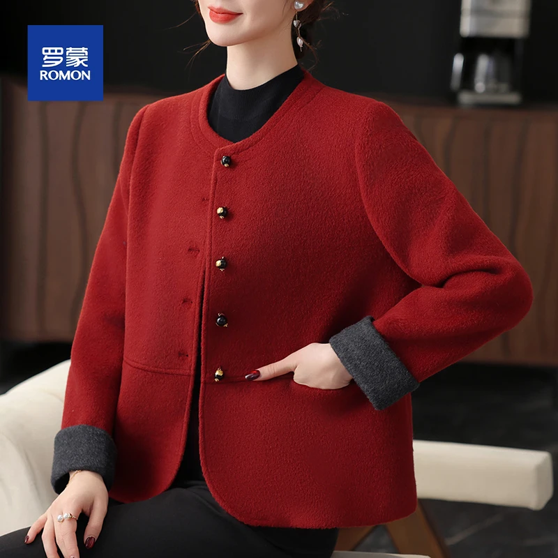 罗蒙妈妈秋装2025新款羊毛呢外套洋气中年女呢子上衣中老年双面呢