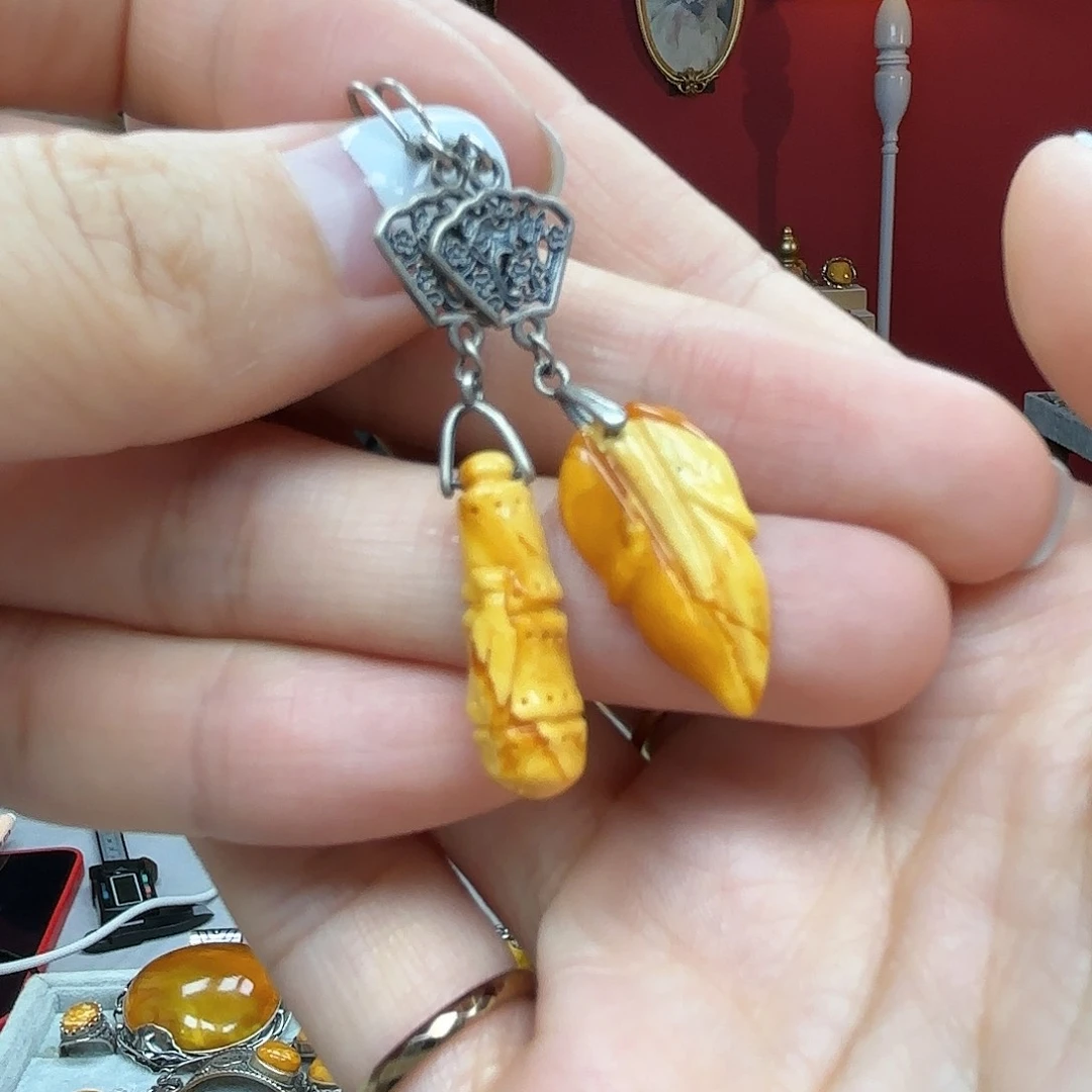 琥珀裸石银S925镶嵌23耳坠