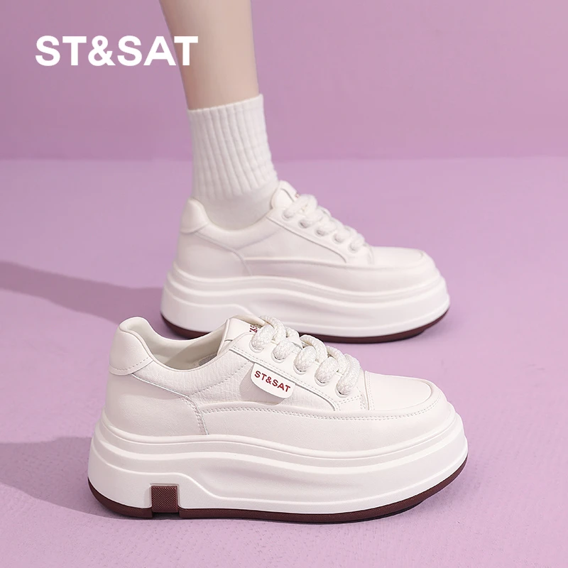 星期六5.5CM增高运动板鞋女2025秋季新款厚底时尚百搭真皮小白鞋