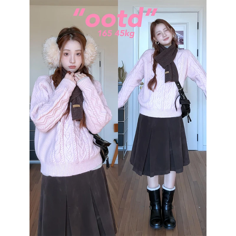 MARIE.COCO秋冬软糯麻花毛衣针织衫半高领内搭上衣A字半身裙套装