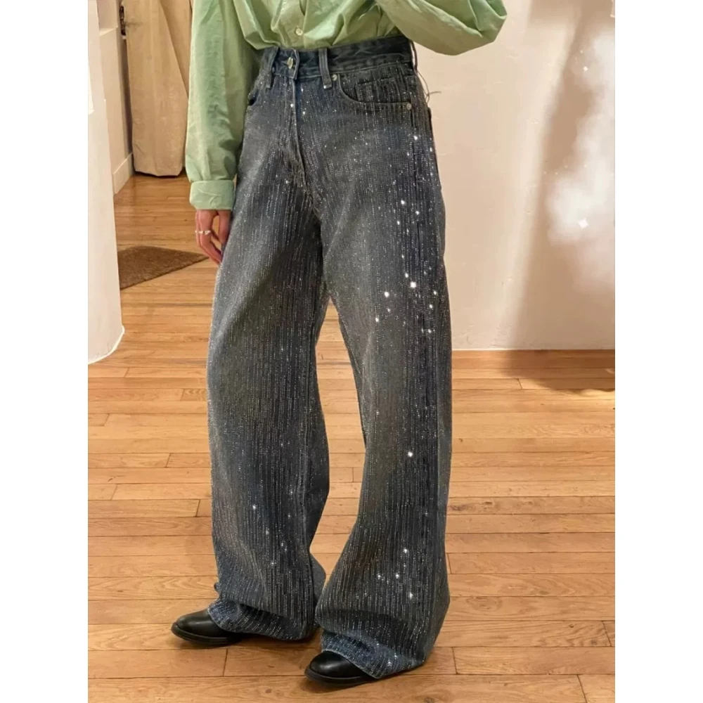 美式复古爆闪巴黎满钻直筒裤设计感小众亮钻重工宽松阔腿牛仔裤子