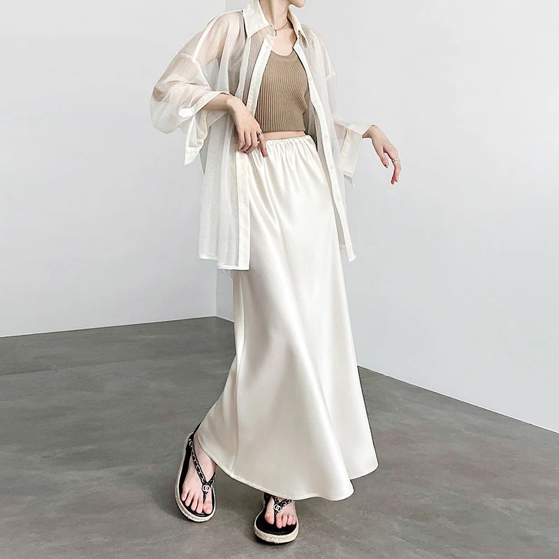 醋酸半身裙女2025新款高级感斜裁a字包臀松紧腰中长款缎面鱼尾裙