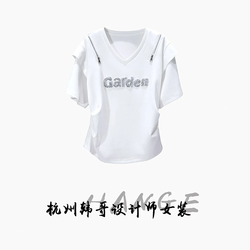 【韩哥女装】2025重工设计象牙白字母珠片绣时尚休闲高克重短袖9351