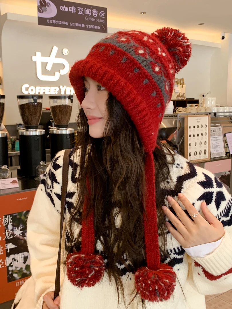 新款费尔岛风针织帽子女秋冬保暖毛线帽防寒骑车护耳帽加厚雷锋帽