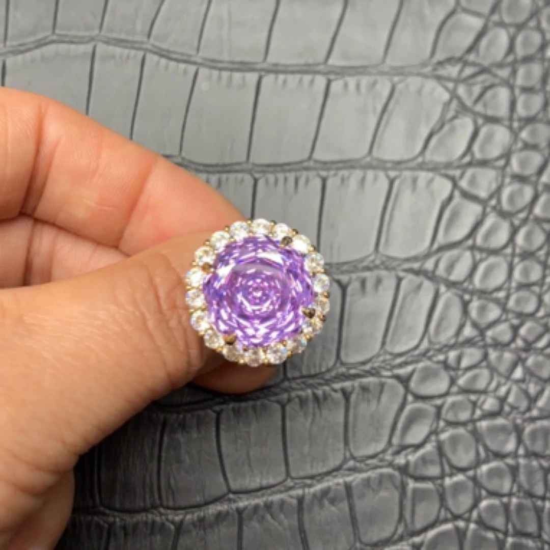 铜合金合成锆石戒指 紫色玫瑰切戒指活口332