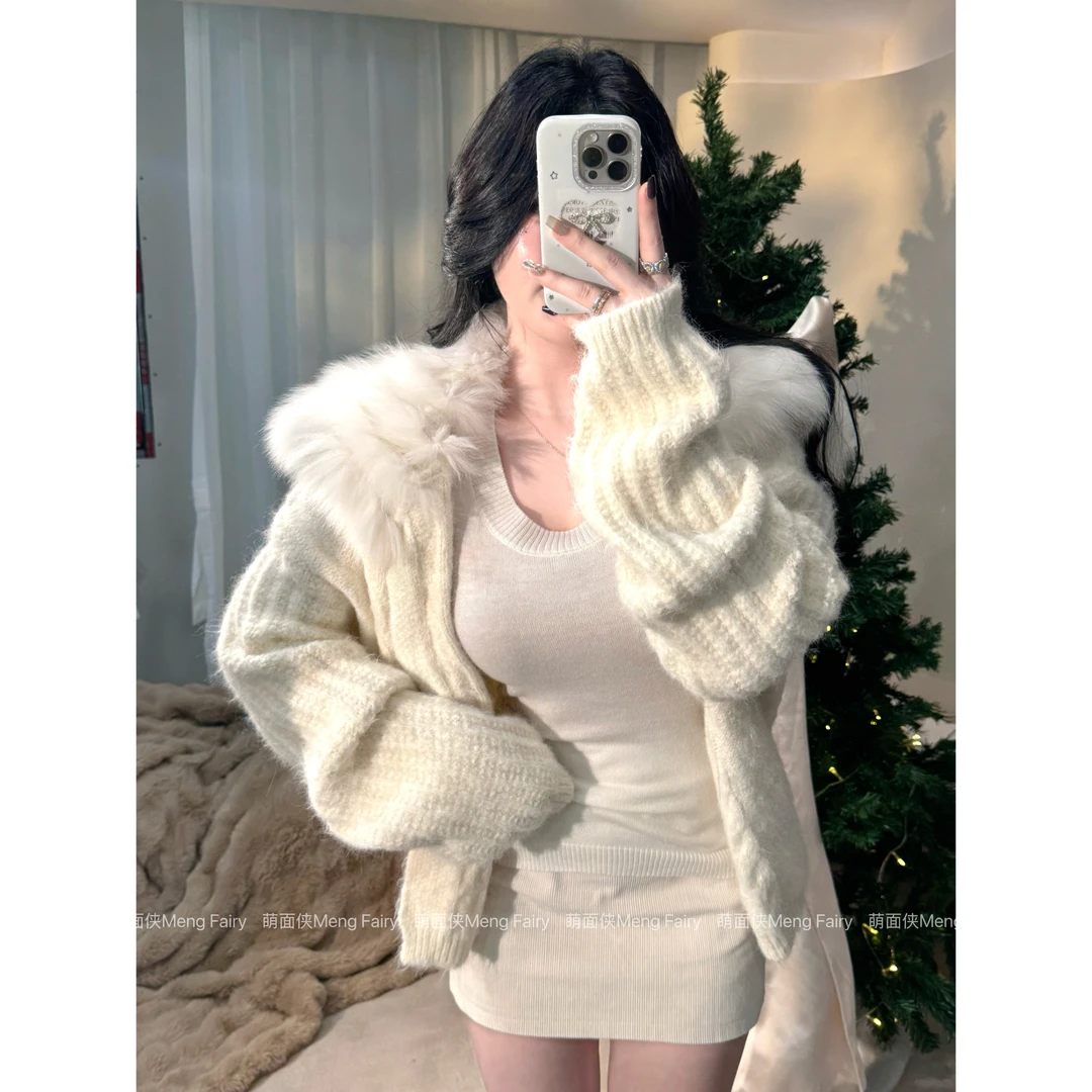 萌面侠【娇矜雪兔】狐狸毛韩版海军领拼接北极绒羊毛毛衣外套6734M