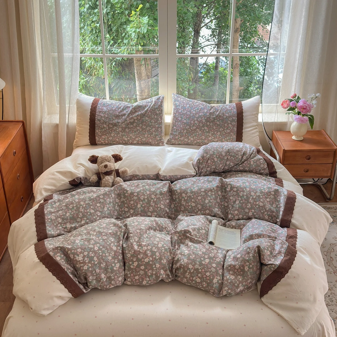 100%全棉拼接纯棉花边四件套学生宿舍被套床单三件套棉床上用品