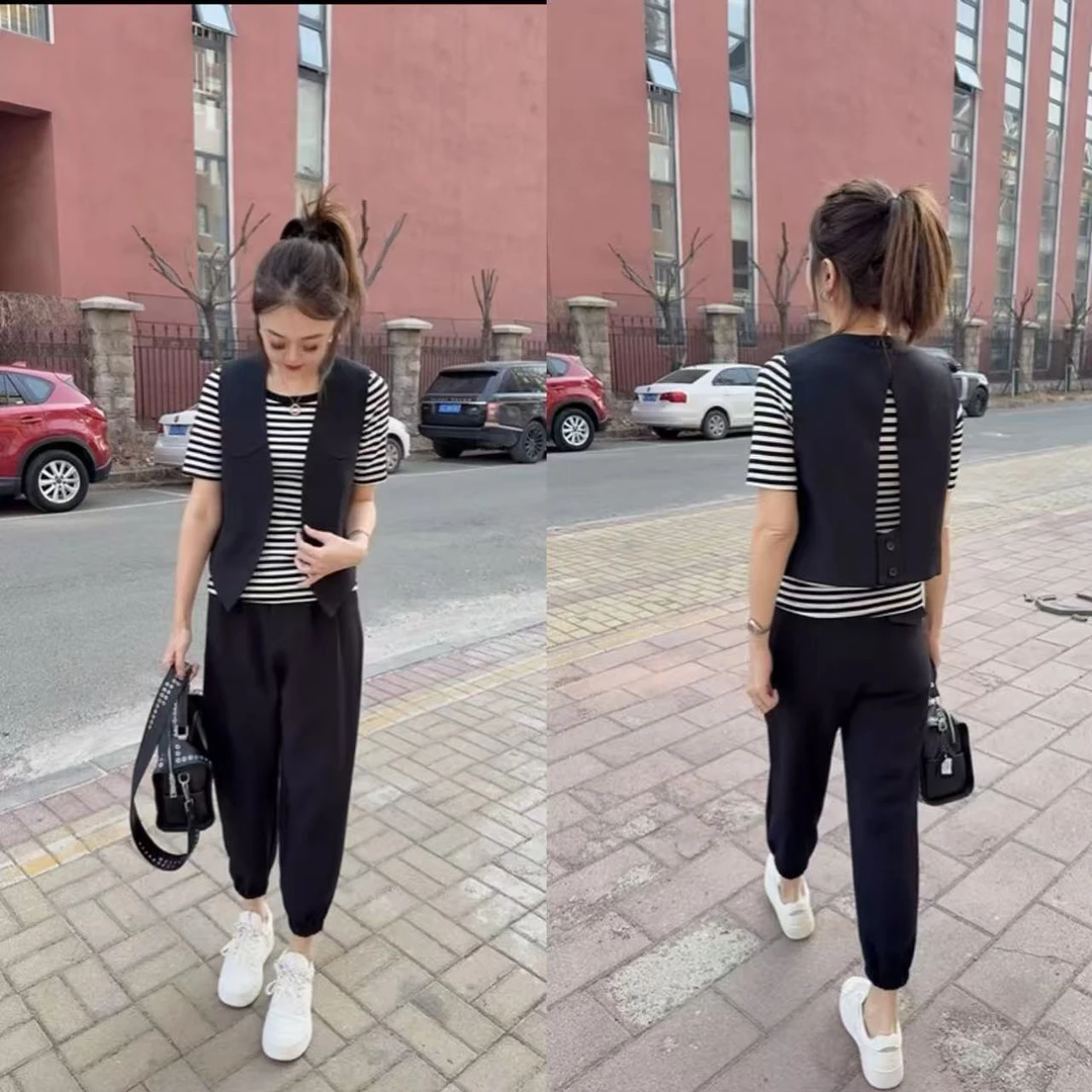 8766#欧货大气小众显瘦洋气马甲+萝卜裤休闲套装两件套夏季气质