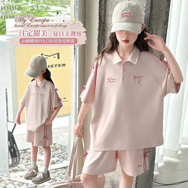 女童韩版休闲polo套装2025新款运动短袖短裤中大童两件套CSC2172