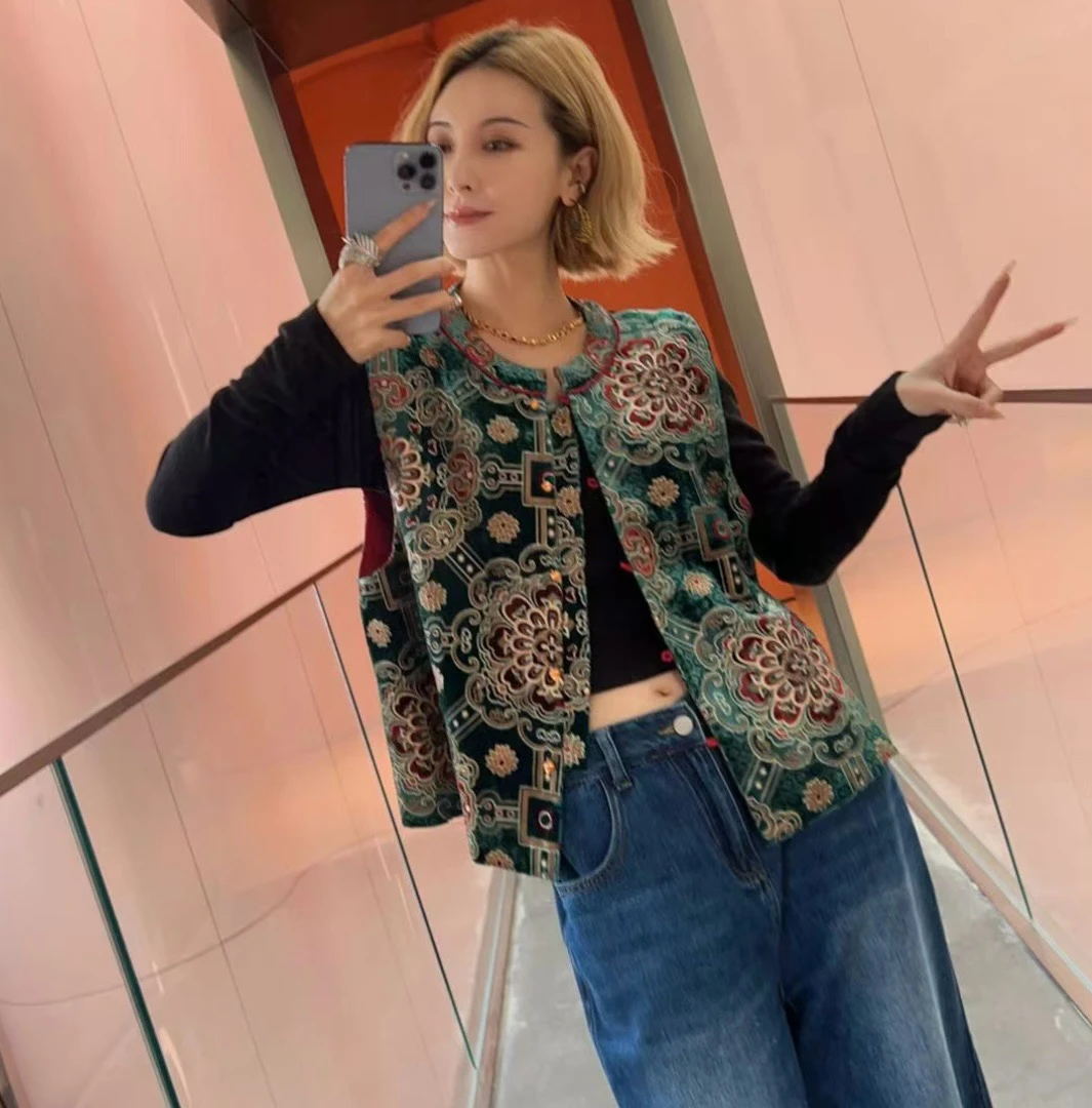 真丝丝绒雕印手工抬版印马甲外套女