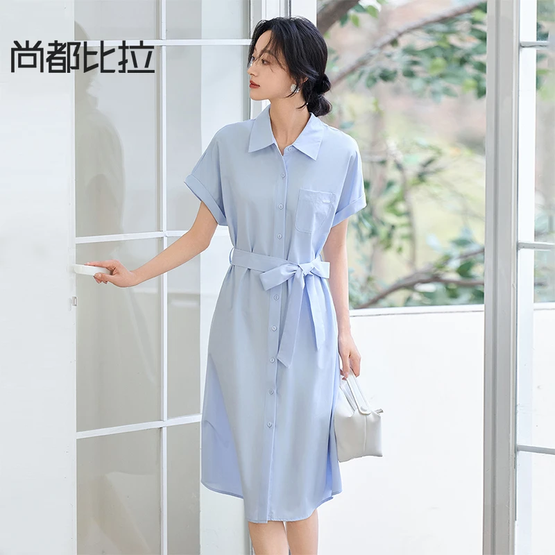 尚都比拉两种穿法翻领可拆卸腰带衬衫连衣裙条纹衬衫连衣裙59264