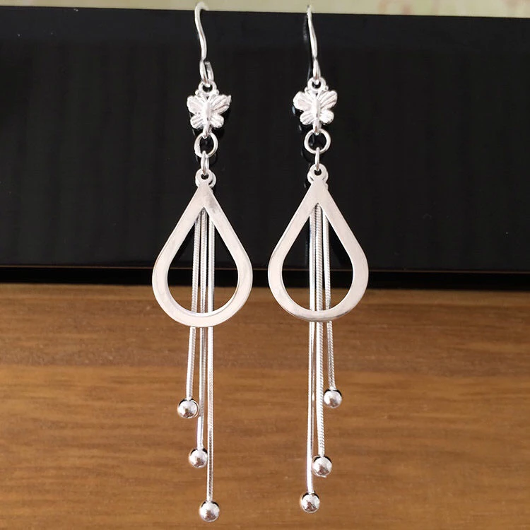 足银耳饰 足银990精工蝴蝶大水滴流苏耳环0360