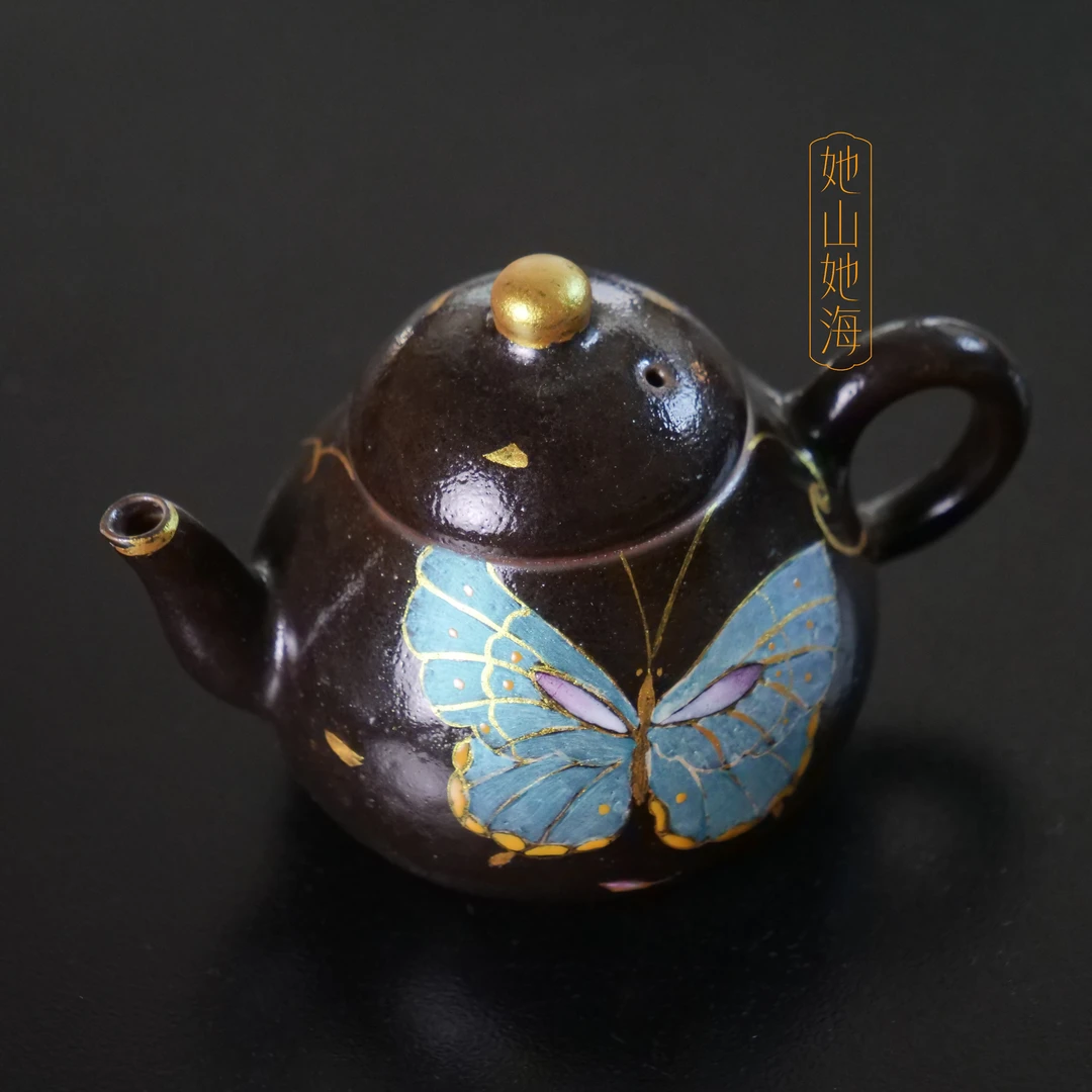 她山她海【黑志野大闪蝶梨型壶】陶一丁手绘高温陶瓷泡茶壶