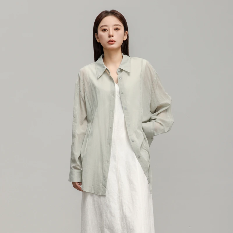 【夏季新款】AIRIQI休闲时尚薄款宽松梭织A型长款衬衫AX42CS285
