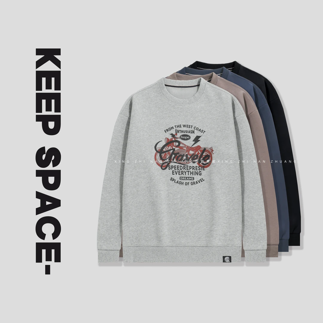 冬季加厚奥粒绒复古机车印花休闲男士大码圆领卫衣24410#4137