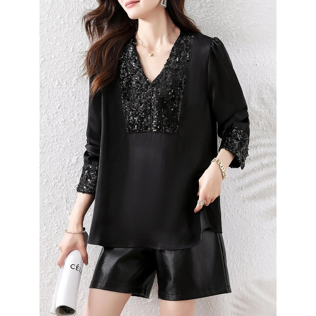 中国风大码女装衬衫2025春季新款宽松亮片t恤上衣遮肉显瘦小衫