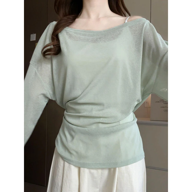 辣妹爆款时尚绑带慵懒罩衫宽松长袖T恤女夏季薄款设计感微透上衣