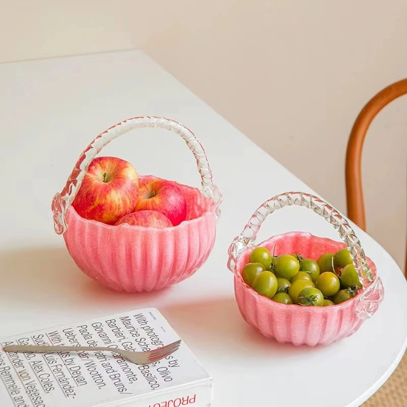 S现代轻奢粉色提篮果盘客厅餐桌茶几创意摆件装饰琉璃艺术水果盘