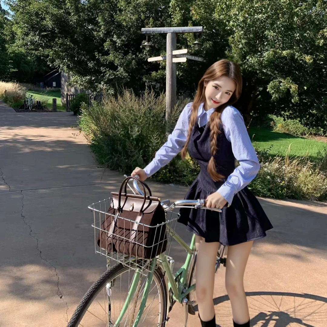 JMSHO同款鬼马女高 学院风原色背心连衣裙条纹衬衫内搭两件套装秋