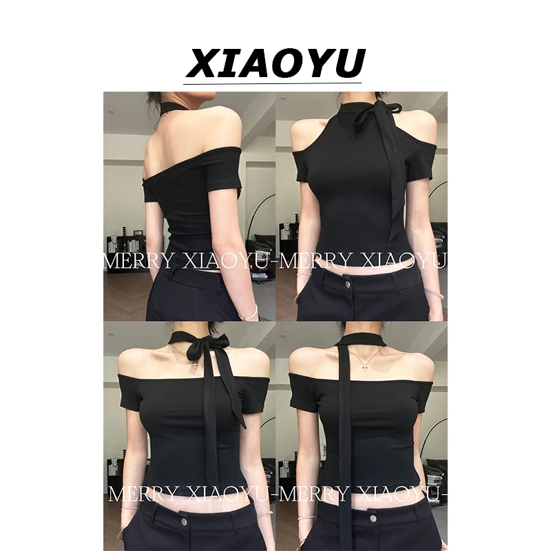 小鱼【随性日记】辣妹小众设计露肩正反两穿短袖T恤女绑带气质上衣