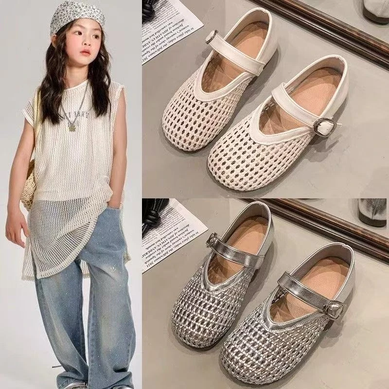 女童银色小皮鞋2025夏季新款软底公主鞋儿童夏季外穿透气镂空凉鞋