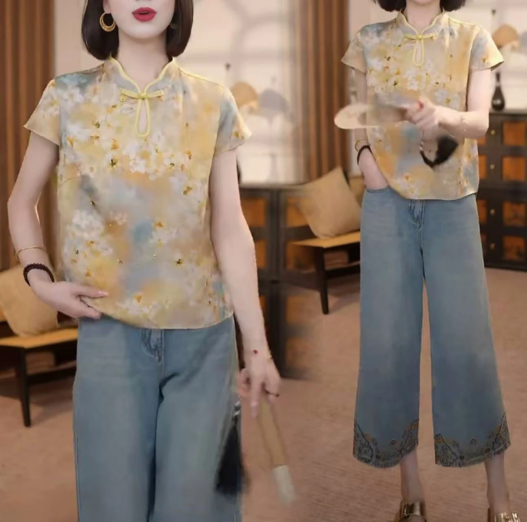 新中式国风提花时尚气质短袖衬衫女2025夏季新款减龄百搭上衣